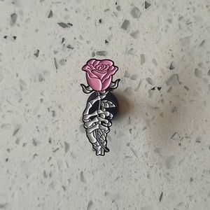 Gorgeous Pink Rose Flower Skeleton Hand Macabre Death Love Lapel Pin